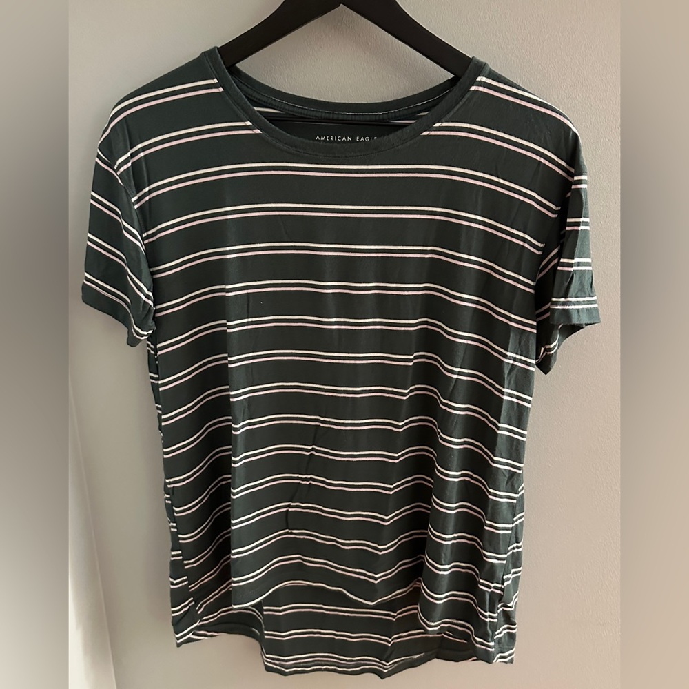 Oversized American Eagle Green Striped T-Shirt (S)